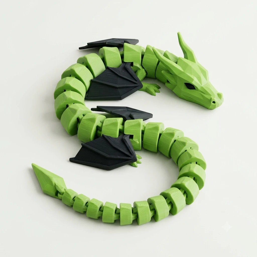 Dragão articulado verde e preto impresso em 3D